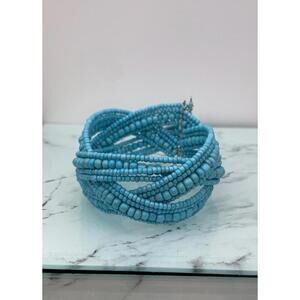 Handmade Braided Seed Bead Turquoise Aqua Blue Memory Wire Cuff Bracelet Boho